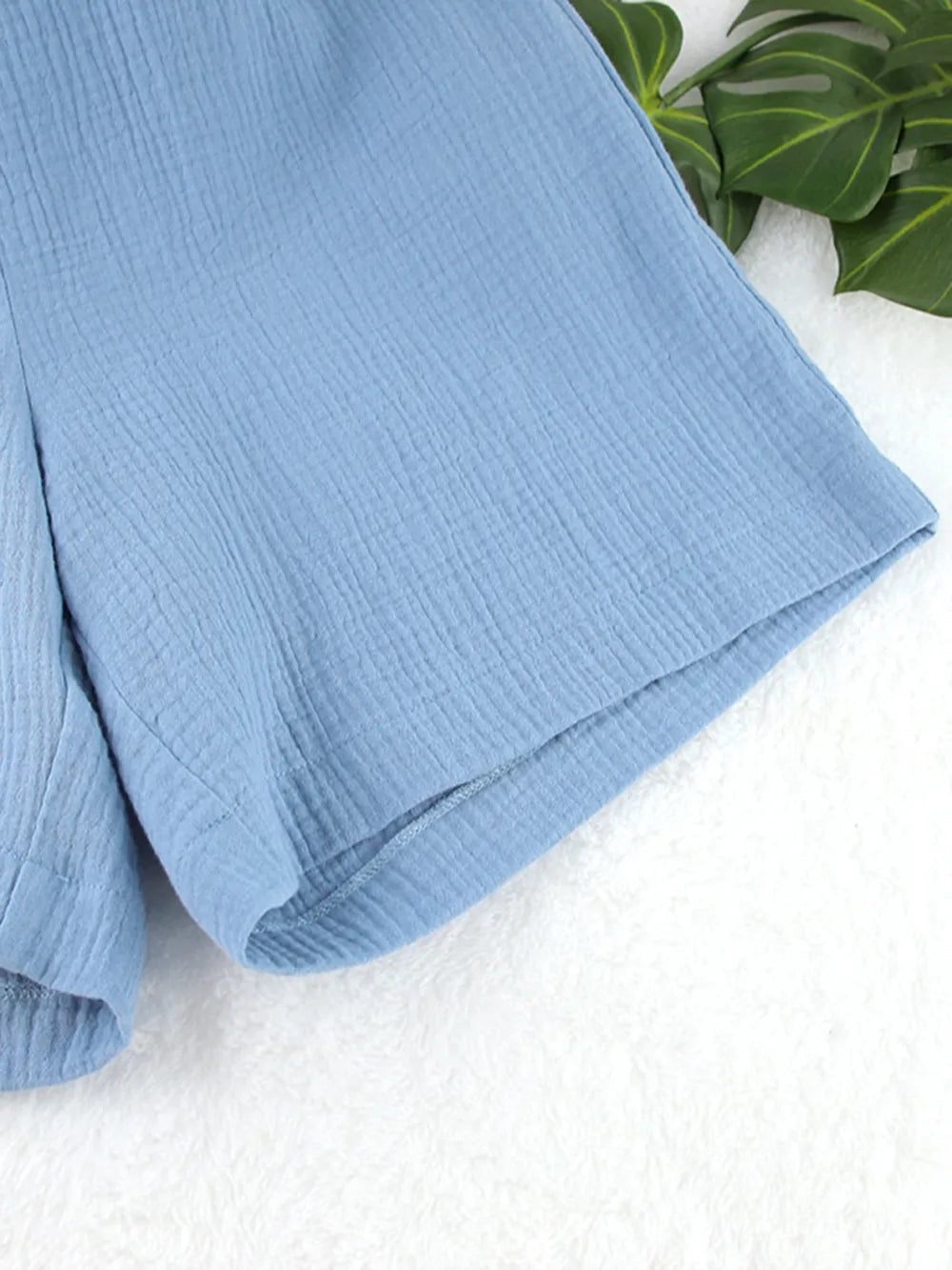 Ensemble 3 pièces femme – Kimono & short en gaze de coton gaufré bleu ciel