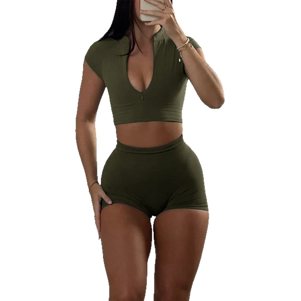 Ensemble 2 pièces Femme – Crop Top Zippé & Short Moulant | Look Sexy & Sporty