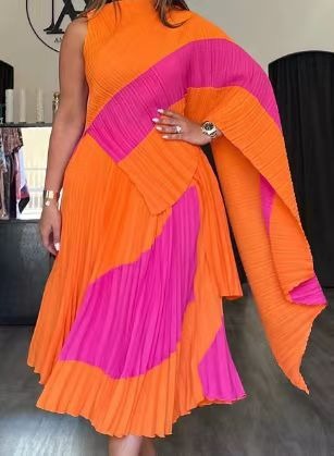 Robe plissée asymétrique orange & fuchsia – Design audacieux et élégant & Fuchsia royal