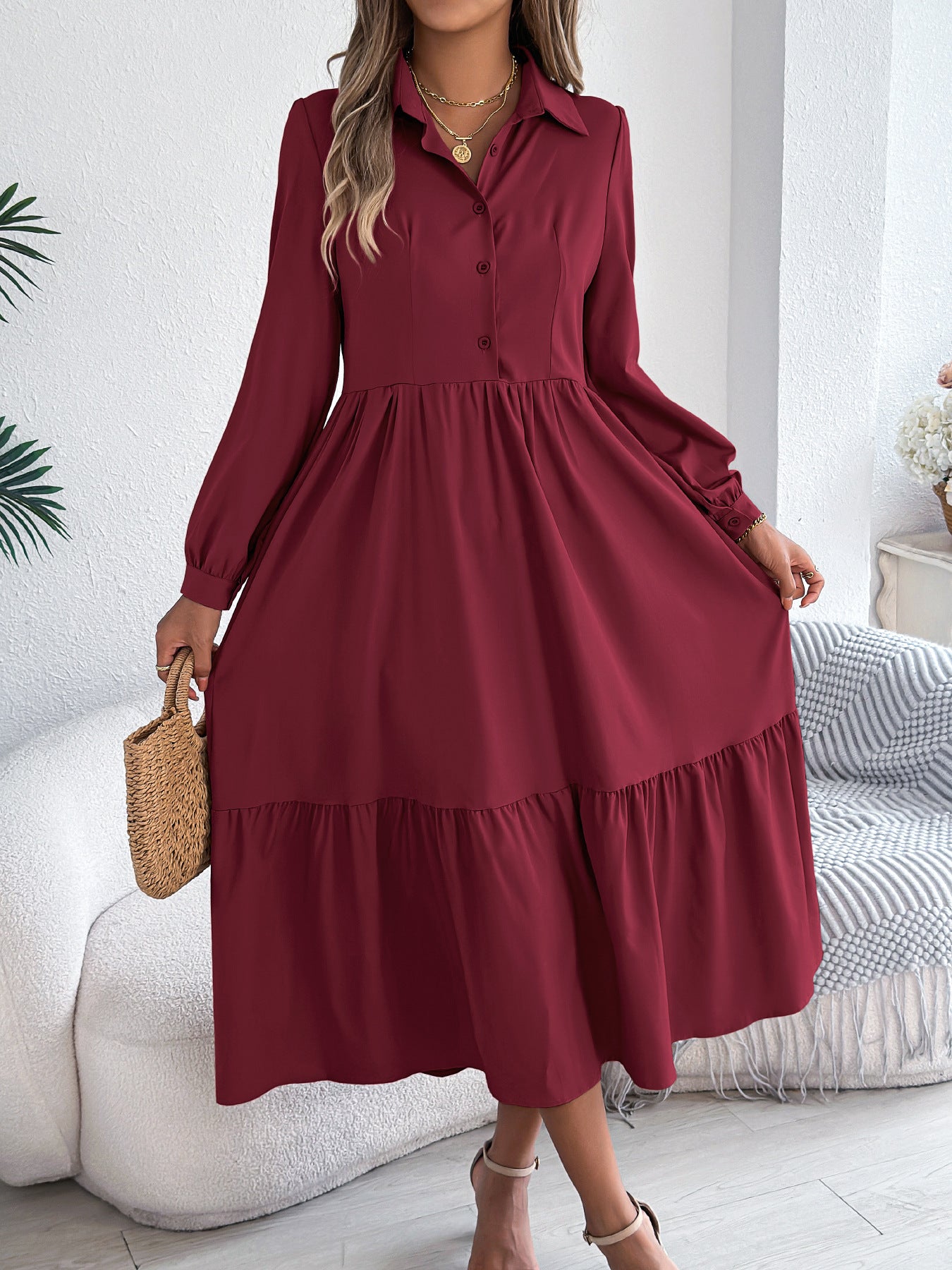 Robe Longue Femme Élégante – Robe Chemise à Manches Longues avec Col | Style Chic & Décontracté