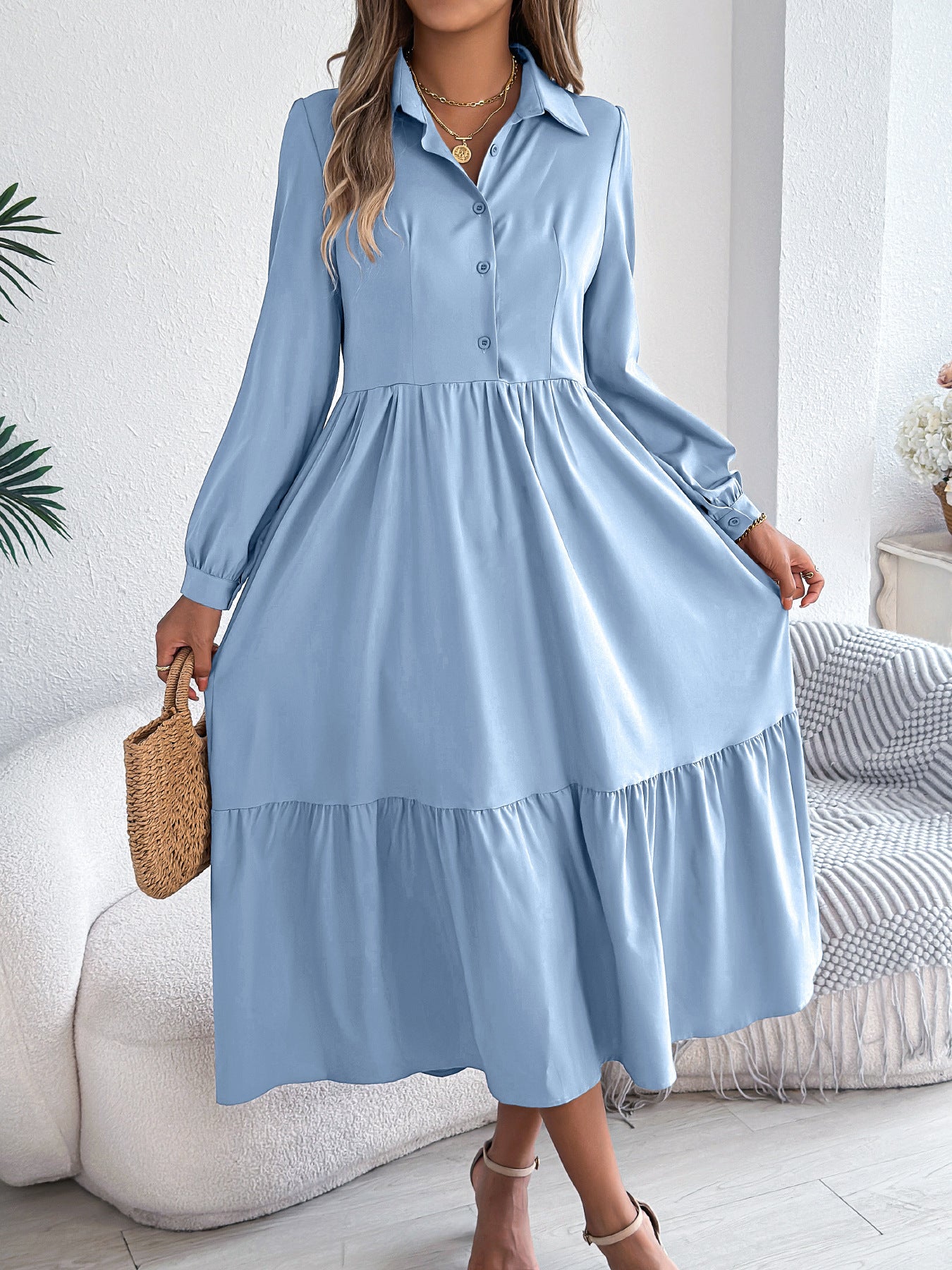 Robe Longue Femme Élégante – Robe Chemise à Manches Longues avec Col | Style Chic & Décontracté