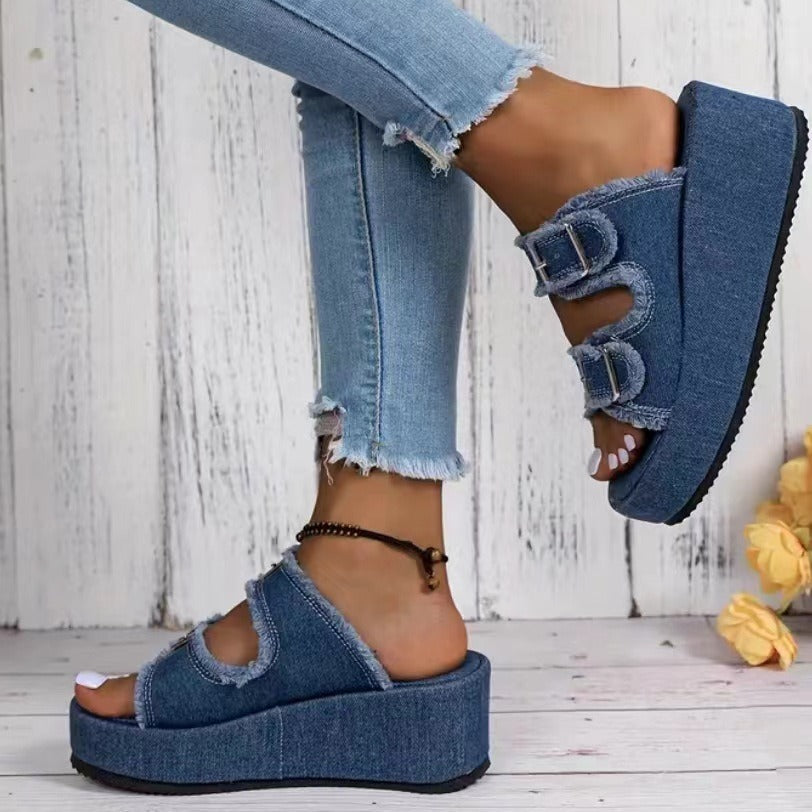 Sandales Compensées en Jean Femme – Plateforme Décontractée Été – Chaussures Ouvertes avec Boucles