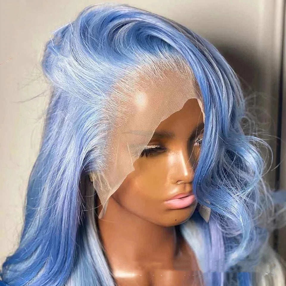 Perruque Lace Front – Cheveux Longs Lisses Bleu Pastel