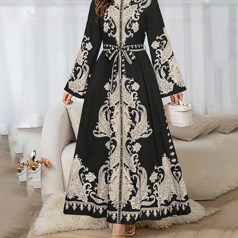 Robe Caftan Chic à Broderies Orientales - Écru & Marron