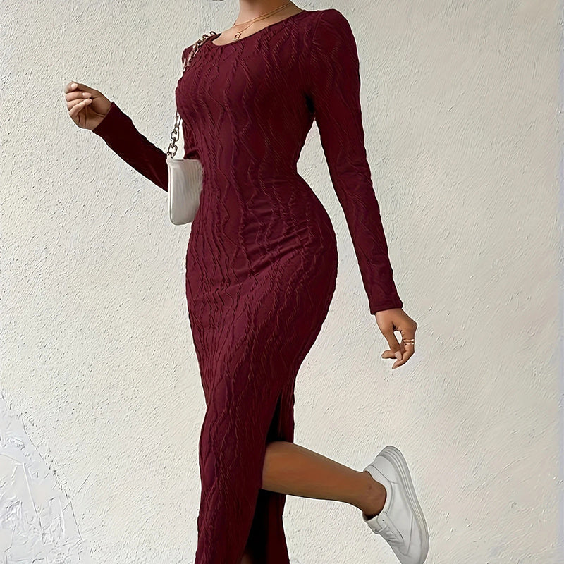 Robe Femme Moulante Longue Manche Longue avec Fente – Élégante & Sexy | Tenue Soirée Automne-Hiver
