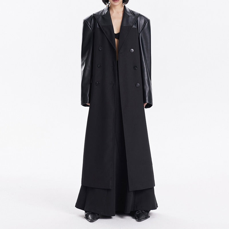 Manteau Long Femme Chic – Épaules et Manches en Similicuir Noir