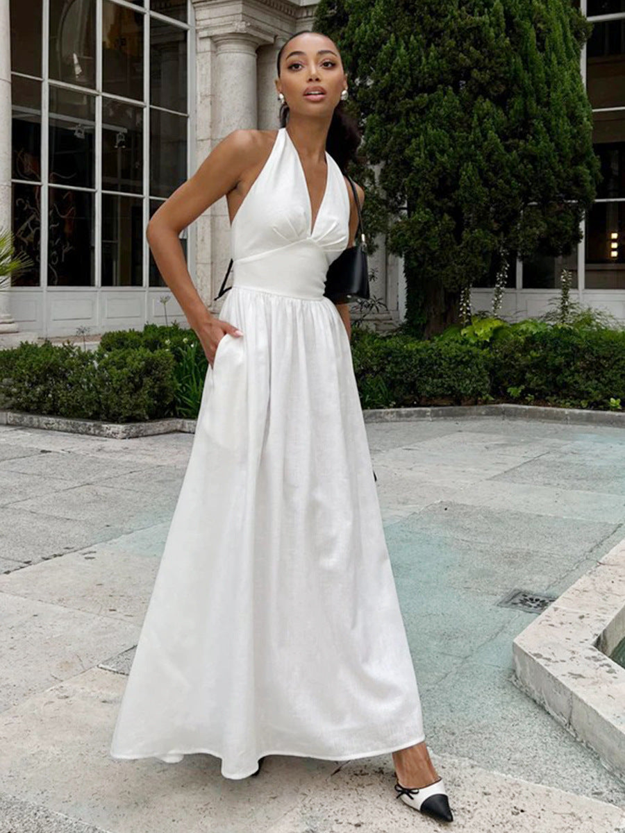 Robe Longue Blanche Élégante Femme – Robe Maxi Col Halter | Tenue Chic Soirée, Mariage & Été