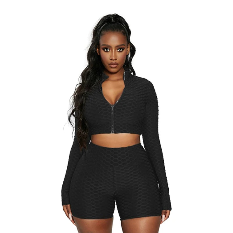 Ensemble 2 pièces femme – Crop top manches longues + short taille haute