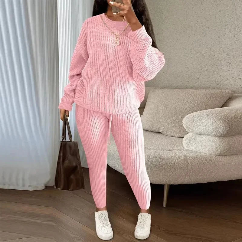 Winter Two Piece Sets Women Clothing Autumn Fashion Casual Solid Round Neck Pullover Loose Pit Knitted Sweater Pants Suits