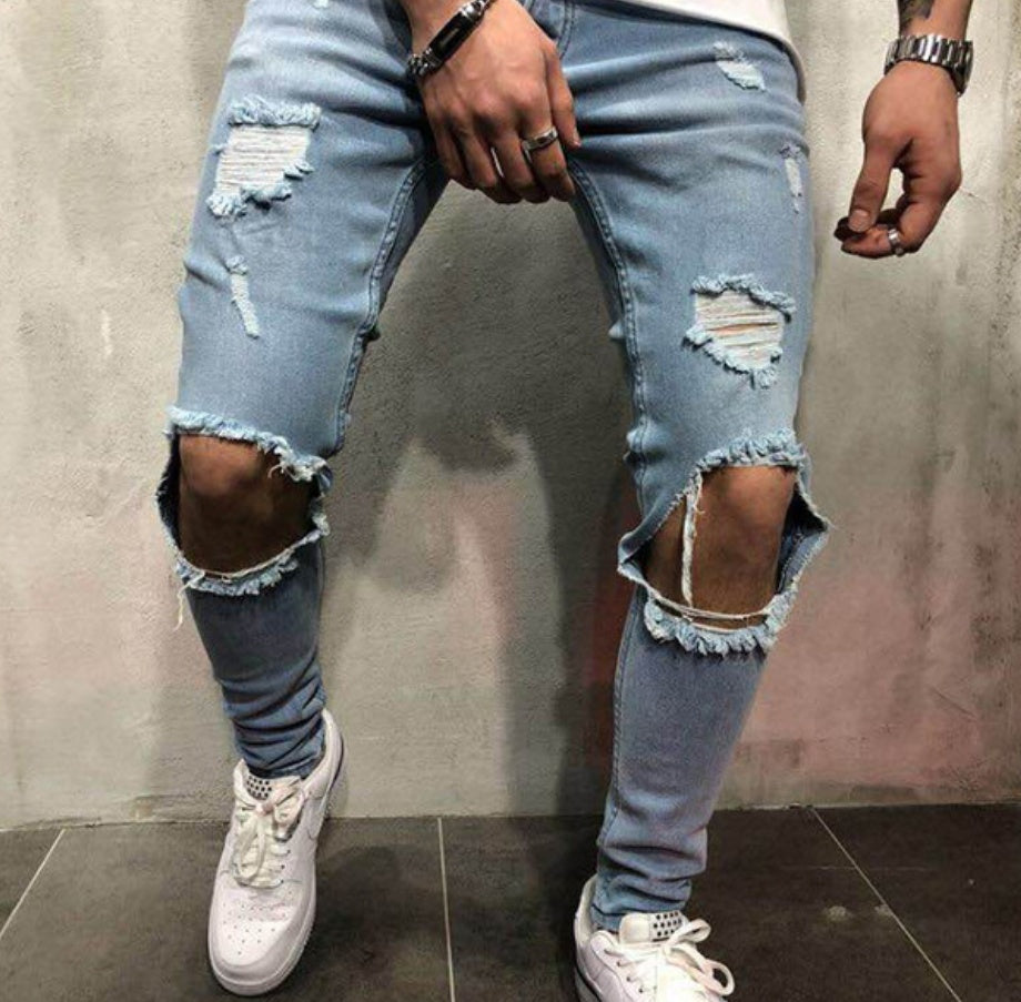 Jean skinny destroy homme, trous genoux XL, coupe moulante