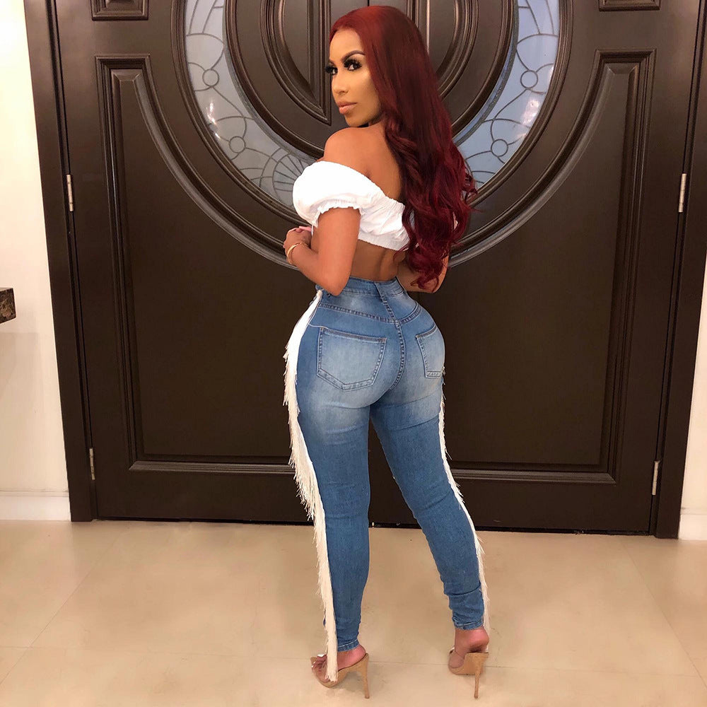 Jean Skinny Déchiré Femme avec Franges Latérales – Style Glam & Audacieux