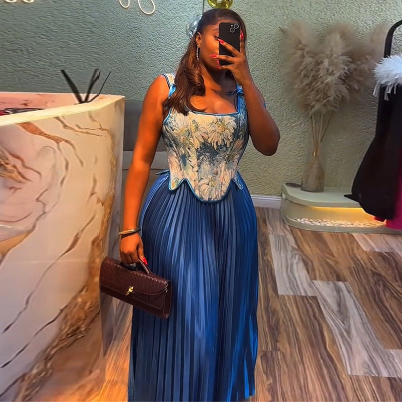 Robe longue plissée femme – Bustier floral corset chic et élégant, soirée & été