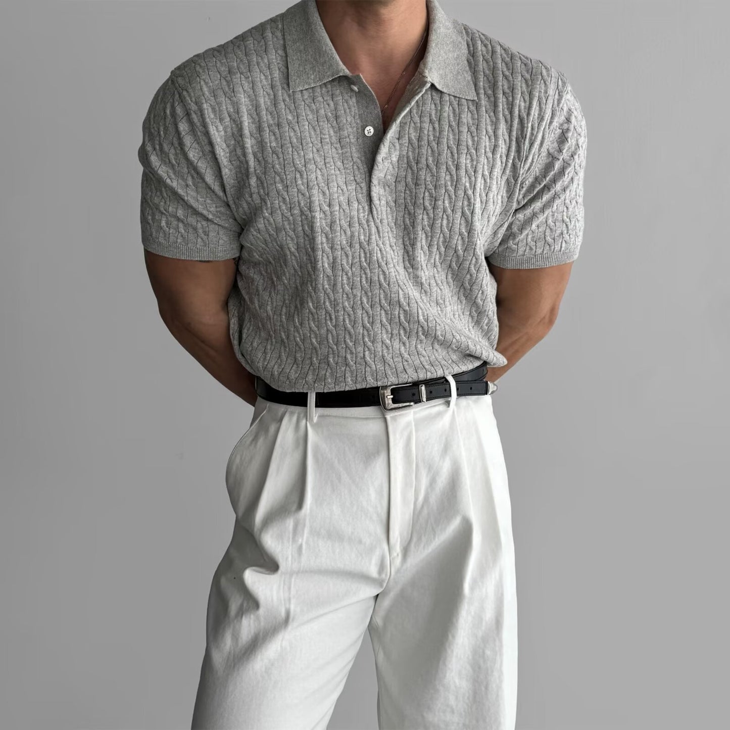 Polo en maille torsadée blanc – Élégance masculine