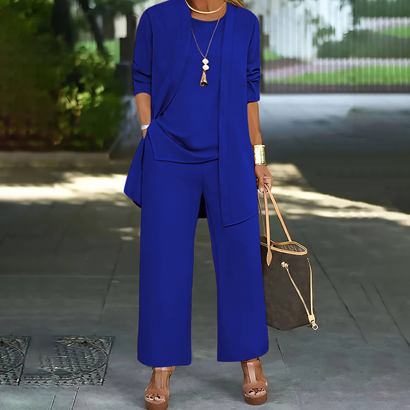 Ensemble Femme Élégant 3 Pièces – Pantalon Large + Haut Fluide + Veste Longue
