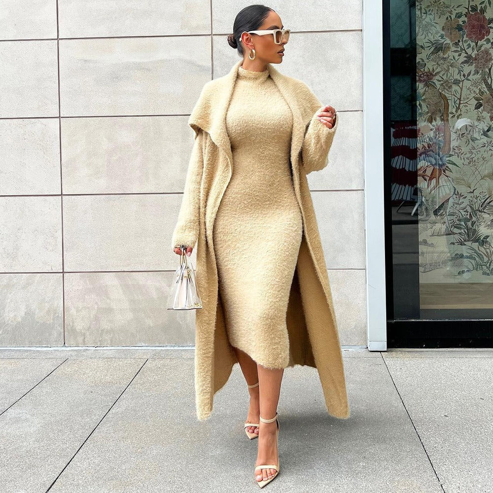 Ensemble femme robe pull + manteau long laine bouclée – Jaune soleil