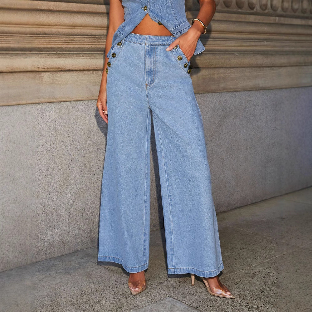 Ensemble Denim Chic – Gilet Sans Manches & Pantalon Large