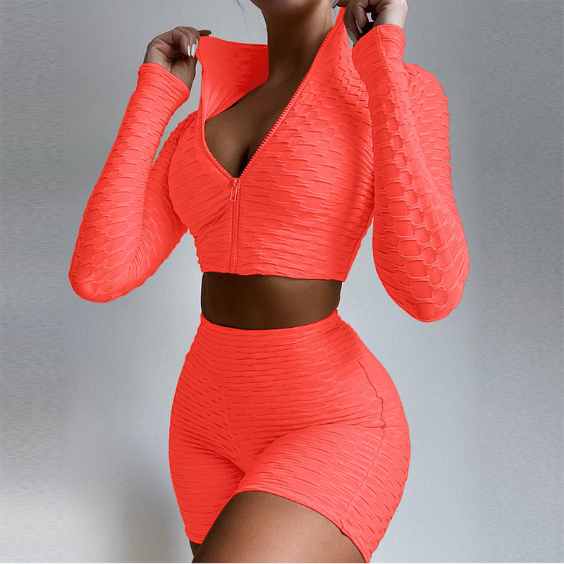 Ensemble 2 pièces femme – Crop top manches longues + short taille haute