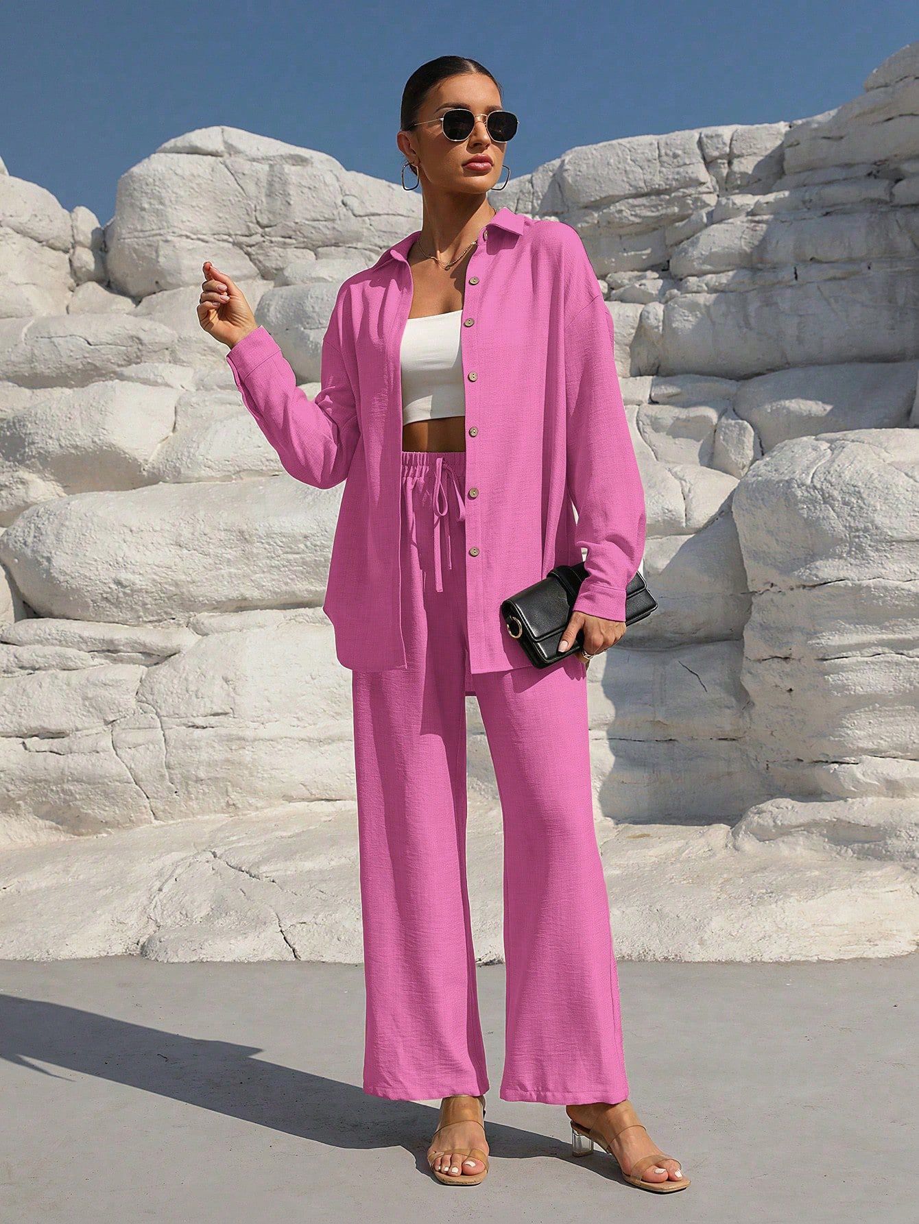 Ensemble Femme Chic – Veste Longue & Pantalon Large Taille Haute | Look Décontracté et Élégant Été 2025