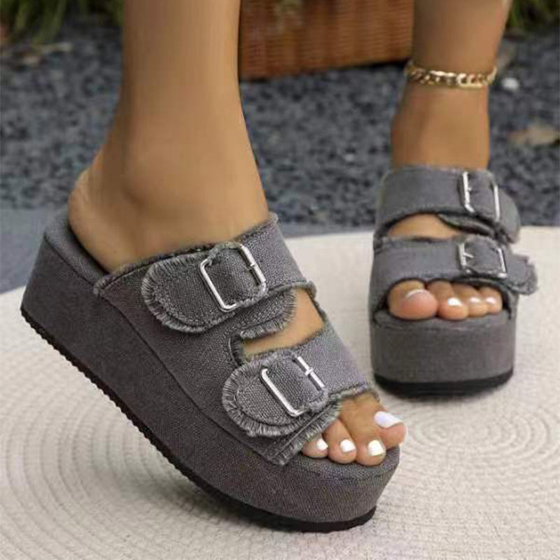 Sandales Compensées en Jean Femme – Plateforme Décontractée Été – Chaussures Ouvertes avec Boucles