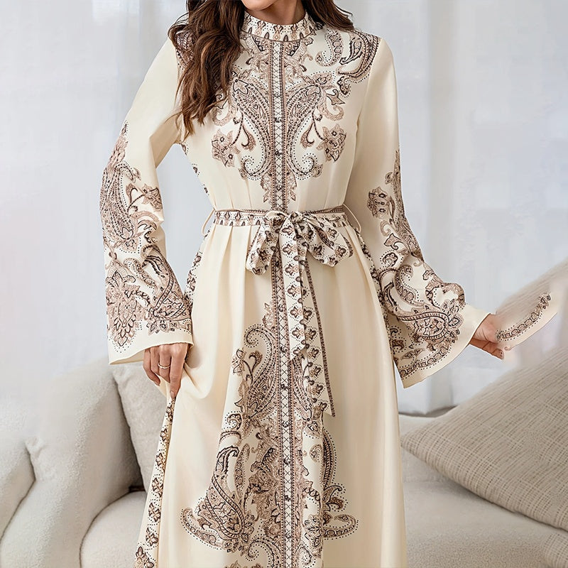 Robe Caftan Chic à Broderies Orientales - Écru & Marron