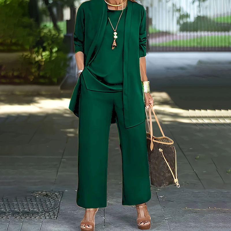 Ensemble Femme Élégant 3 Pièces – Pantalon Large + Haut Fluide + Veste Longue