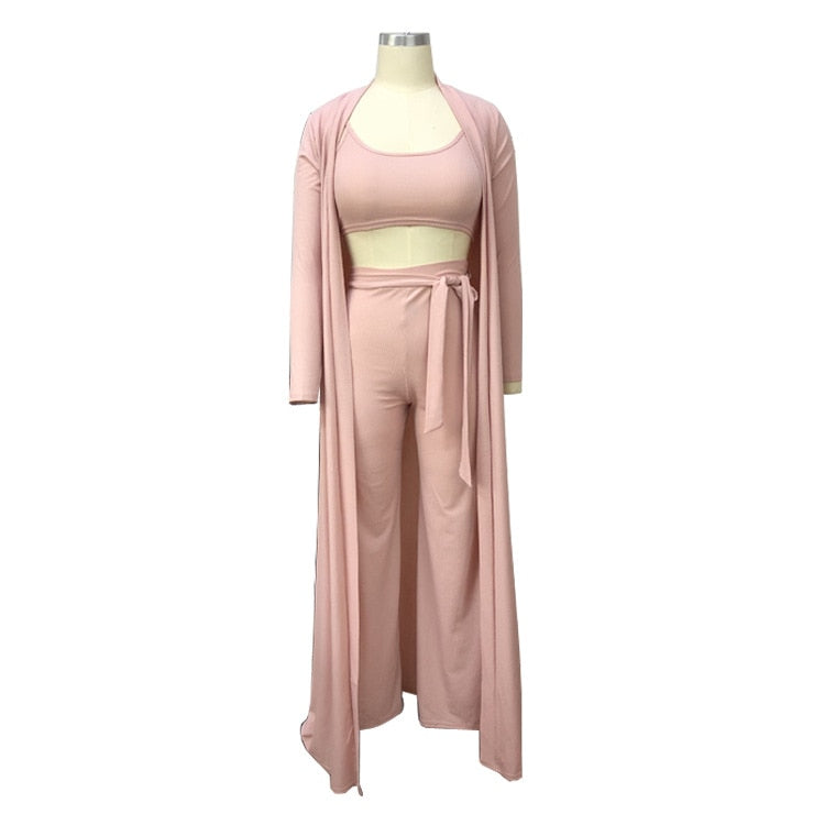 Ensemble 3 pièces chic femme – Longue veste + top + pantalon taille haute fluide