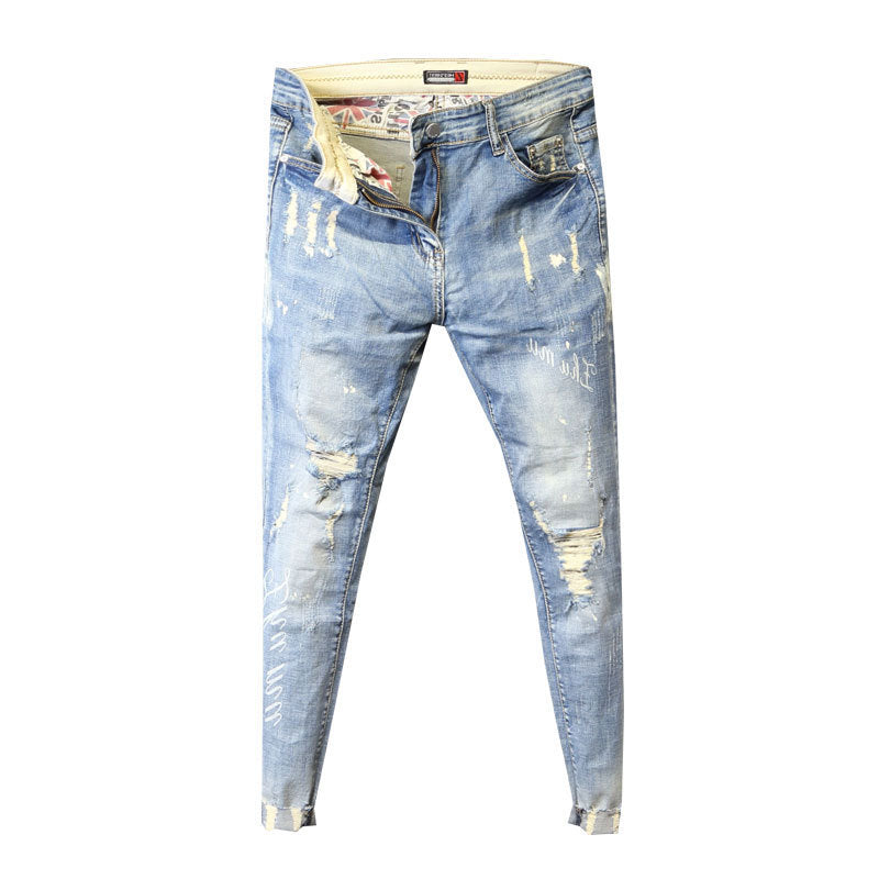 Jean slim homme délavé bleu clair, effet destroy et coupe ajustée