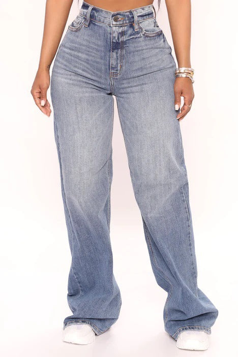 JEAN LARGE TAILLE HAUTE – BLEU DÉLAVÉ FONCÉ