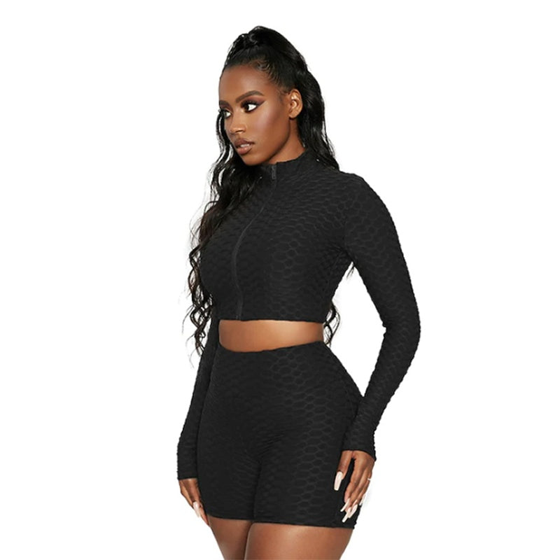 Ensemble 2 pièces femme – Crop top manches longues + short taille haute