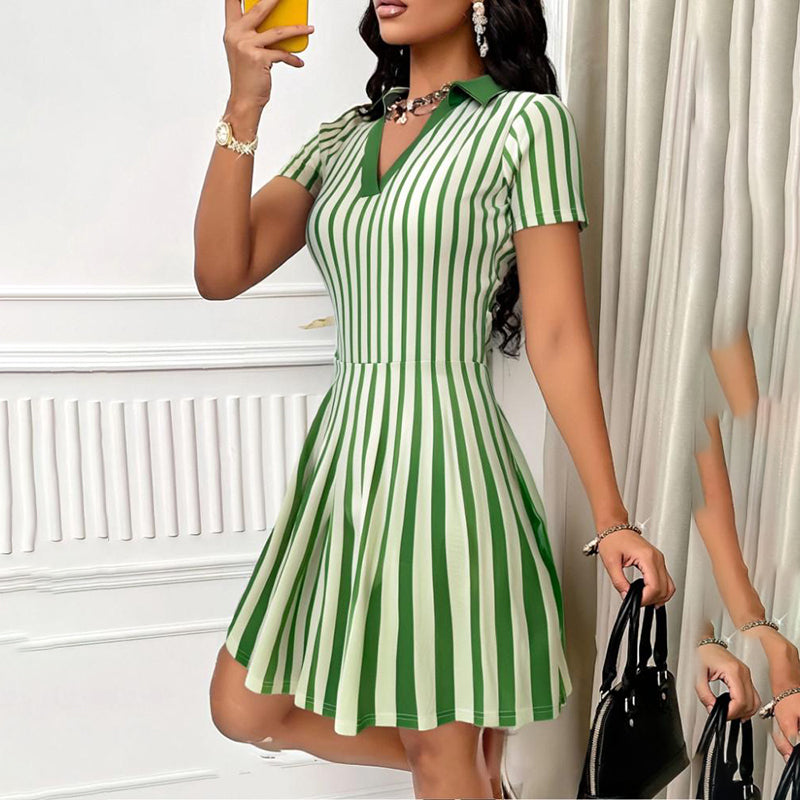 Robe élégante à rayures - col V chic - coupe trapèze tendance été 2025