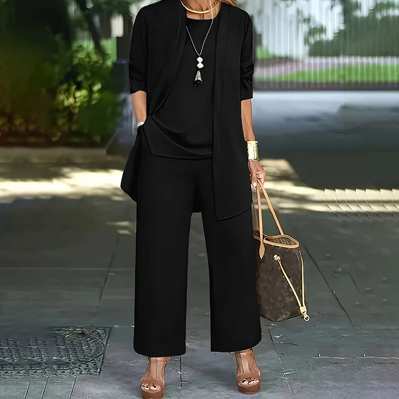 Ensemble Femme Élégant 3 Pièces – Pantalon Large + Haut Fluide + Veste Longue