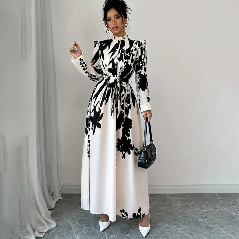 Robe maxi chic imprimée fleurs noires – Manches longues, col montant, look élégant & fluide