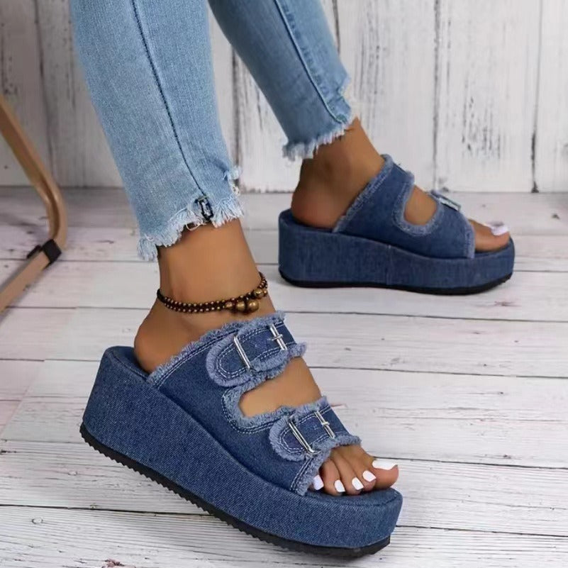 Sandales Compensées en Jean Femme – Plateforme Décontractée Été – Chaussures Ouvertes avec Boucles