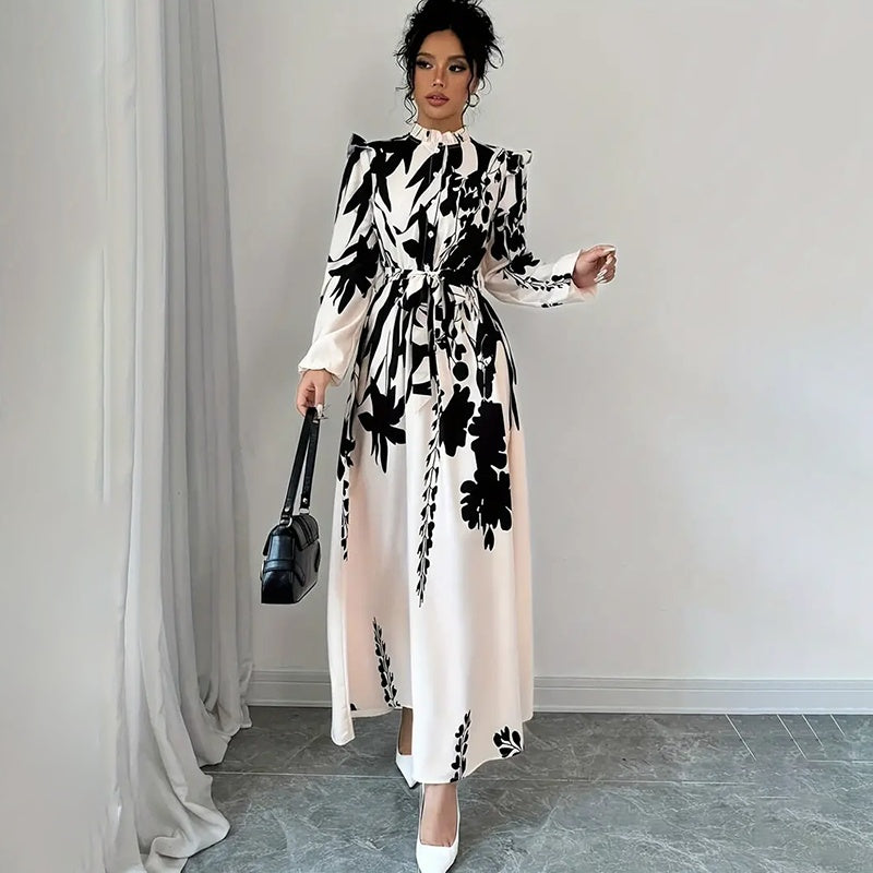 Robe maxi chic imprimée fleurs noires – Manches longues, col montant, look élégant & fluide