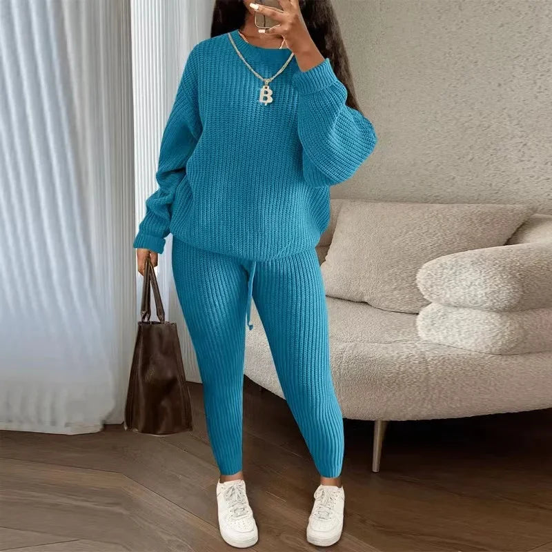 Winter Two Piece Sets Women Clothing Autumn Fashion Casual Solid Round Neck Pullover Loose Pit Knitted Sweater Pants Suits