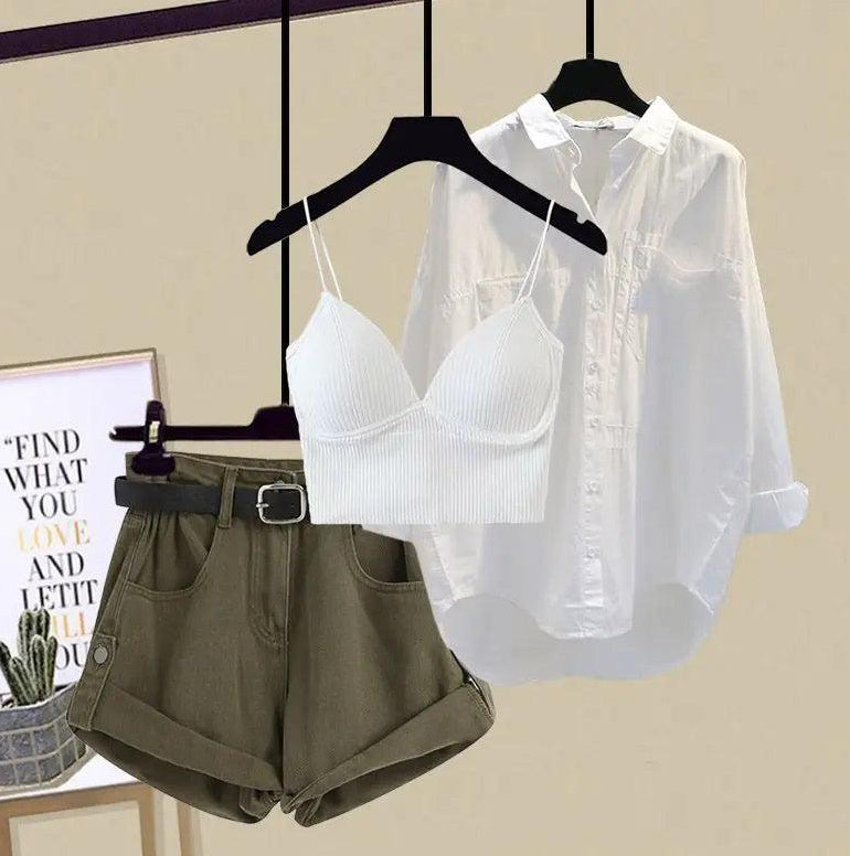 Ensemble 3 pièces femme – Débardeur kaki + short taille haute + chemise blanche oversize