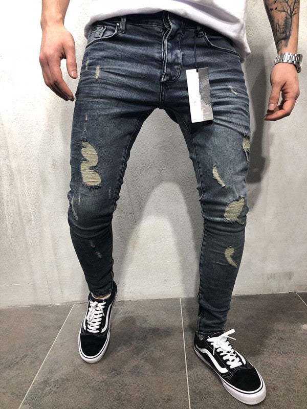 Jean Skinny Homme Déchiré - Street Style Destroy Europe and the United States high street tide men's hole jeans stretch large size pants slim pants Biker jeans