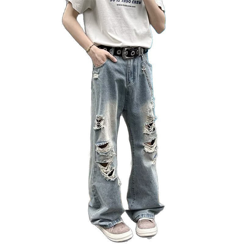 Jean Large Destroy Homme – Style Vintage Déchiré avec Chaîne Métal – Streetwear Urbain