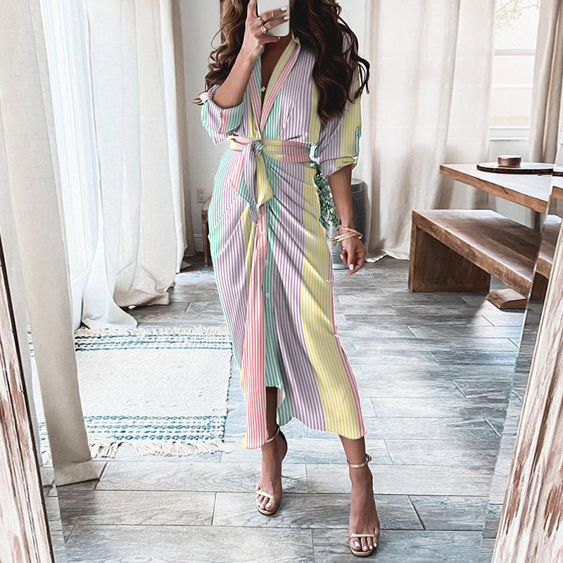 Robe Élégante Midi Boutonnée – Effet Portefeuille & Imprimés Stylés