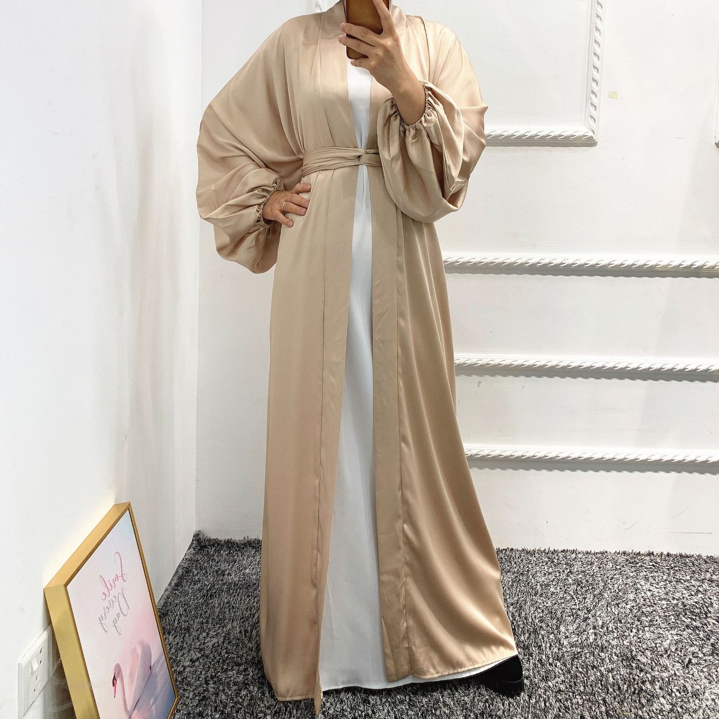ABAYA SATINÉE ROSE POUDRÉ & BLANCHE
