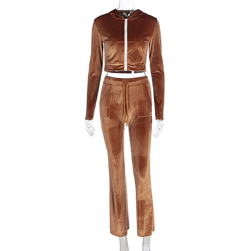 Ensemble velours femme 2 pièces – crop zippé + pantalon flare, look Y2K tendance 2025