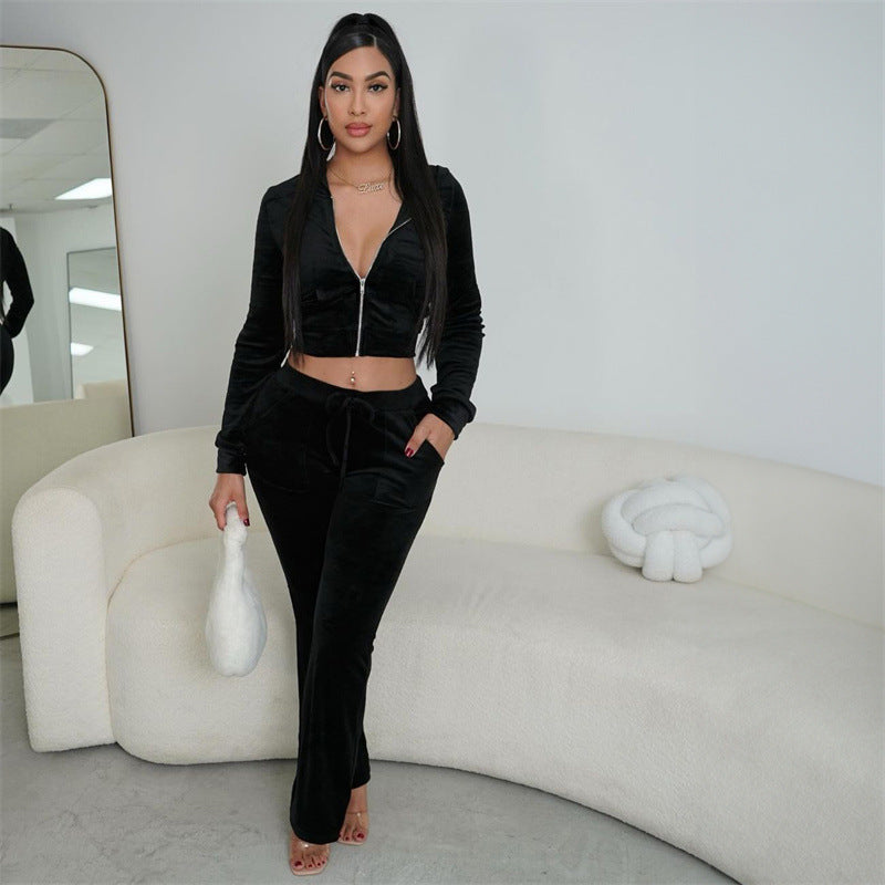 Ensemble velours femme 2 pièces – crop zippé + pantalon flare, look Y2K tendance 2025