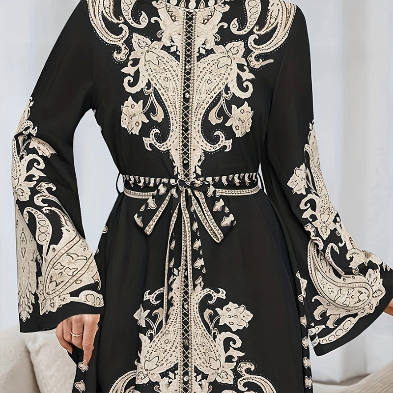 Robe Caftan Chic à Broderies Orientales - Écru & Marron