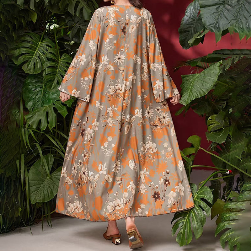 Robe Caftan Chic à Broderies Orientales - Écru & Marron