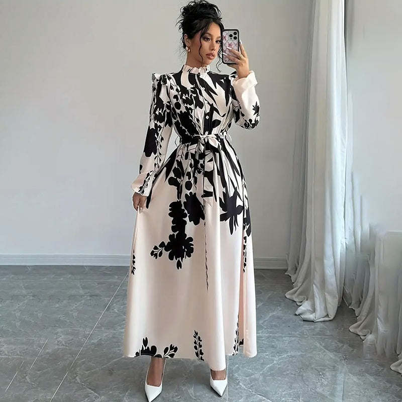 Robe maxi chic imprimée fleurs noires – Manches longues, col montant, look élégant & fluide