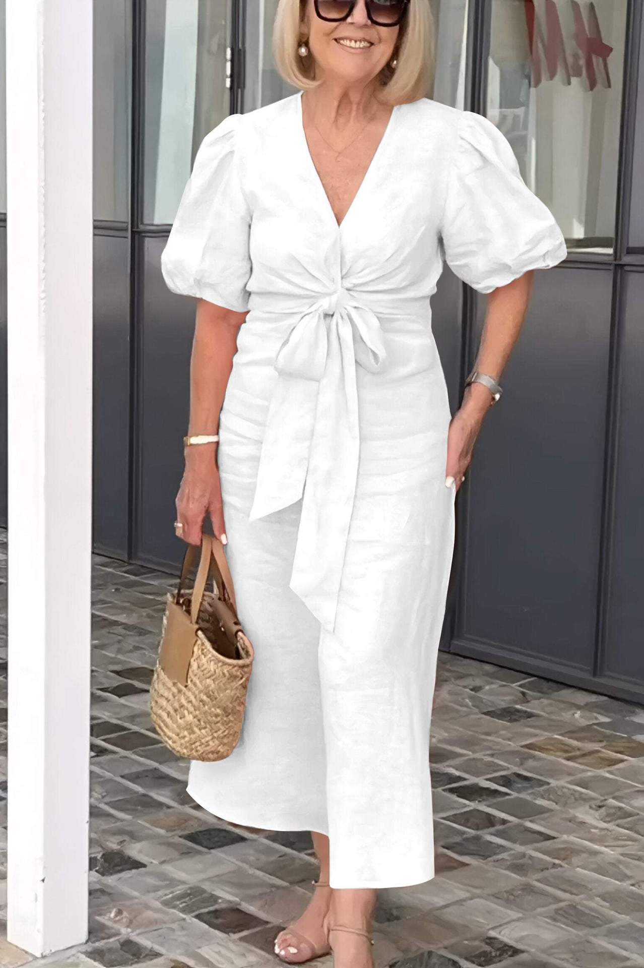 Robe Élégance Bohème – Nœud Frontal & Manches Bouffantes