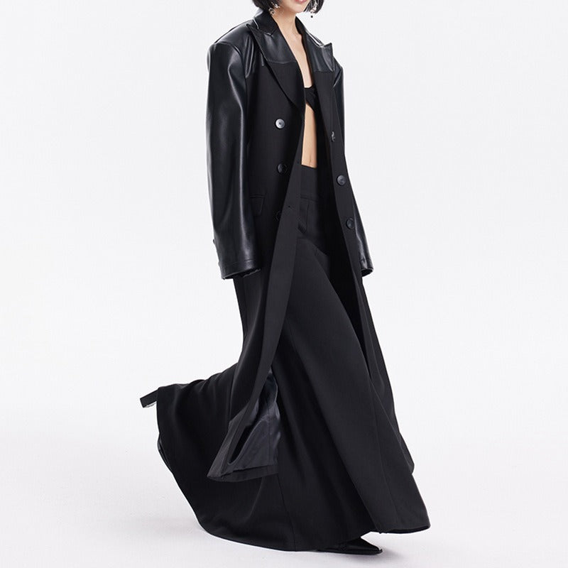 Manteau Long Femme Chic – Épaules et Manches en Similicuir Noir