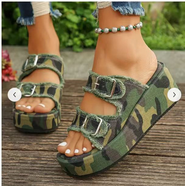 Sandales Compensées en Jean Femme – Plateforme Décontractée Été – Chaussures Ouvertes avec Boucles