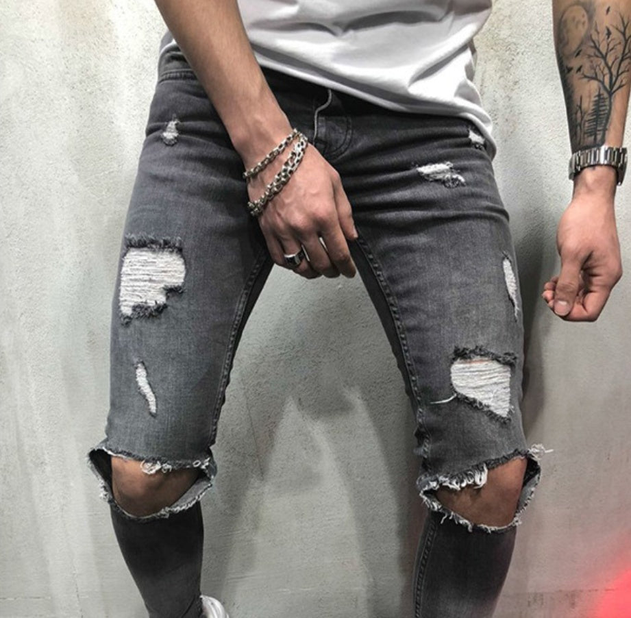 Jean skinny destroy homme, trous genoux XL, coupe moulante