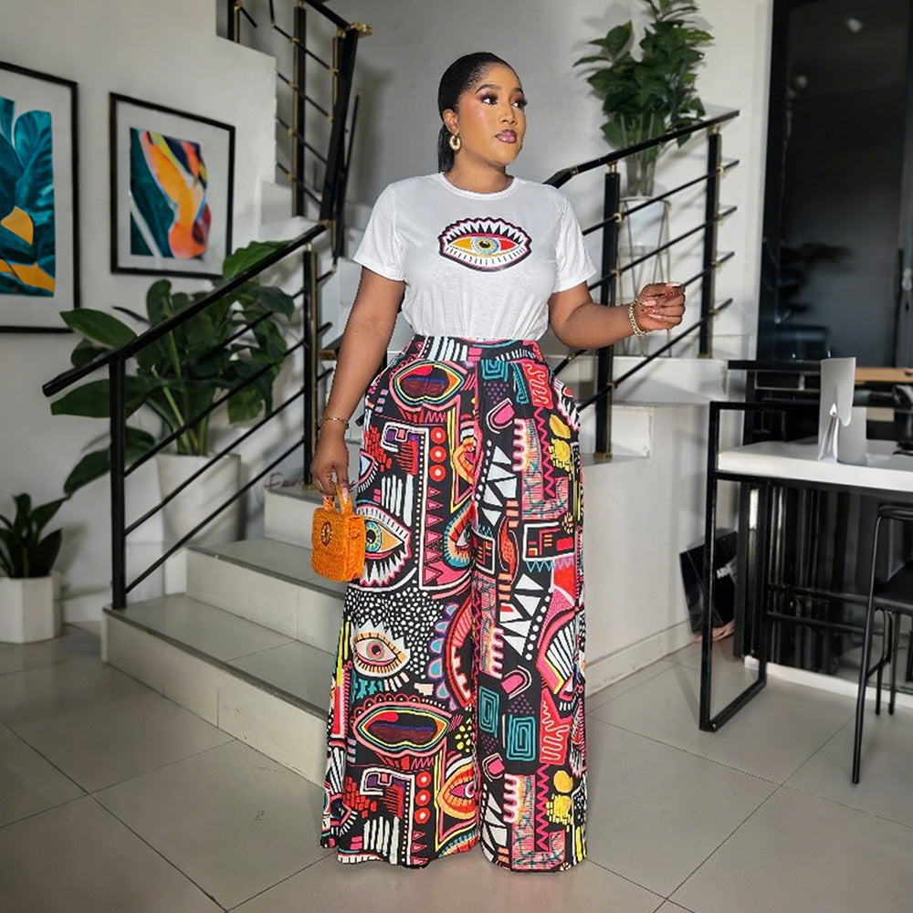 Ensemble Femme Graphique – T-shirt Blanc & Pantalon Large Imprimé Art Abstrait